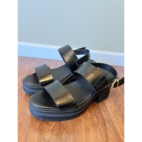 ASOS Chunky Platform Heel Sandals Truffle Collection Black Buckle 6 Faux Leather - Picture 2 of 12